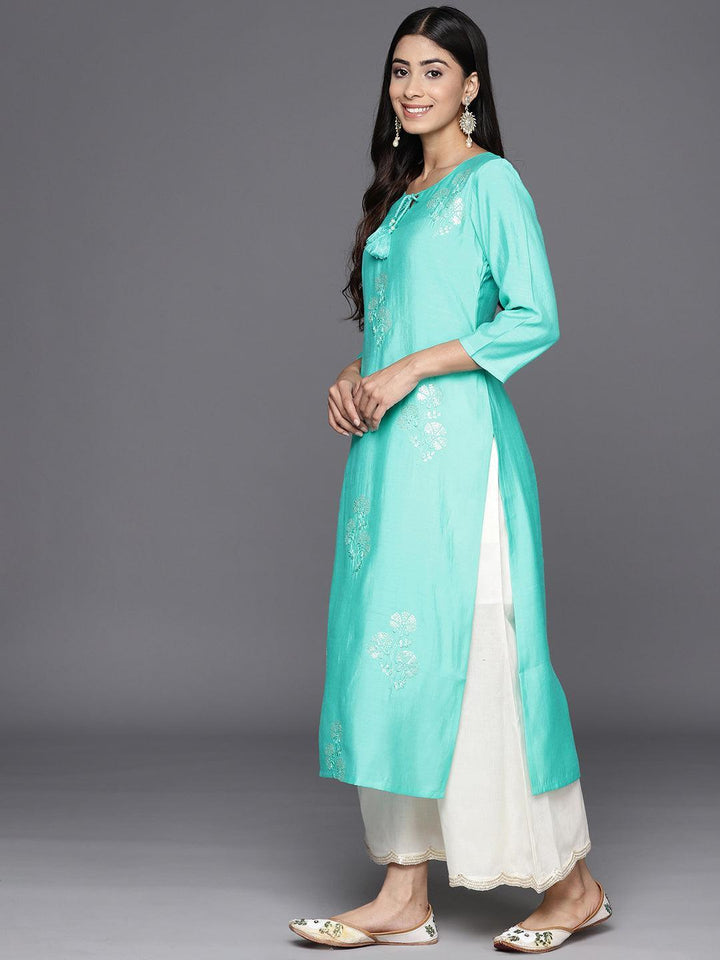 Turquoise Blue Embroidered Silk Straight Kurta