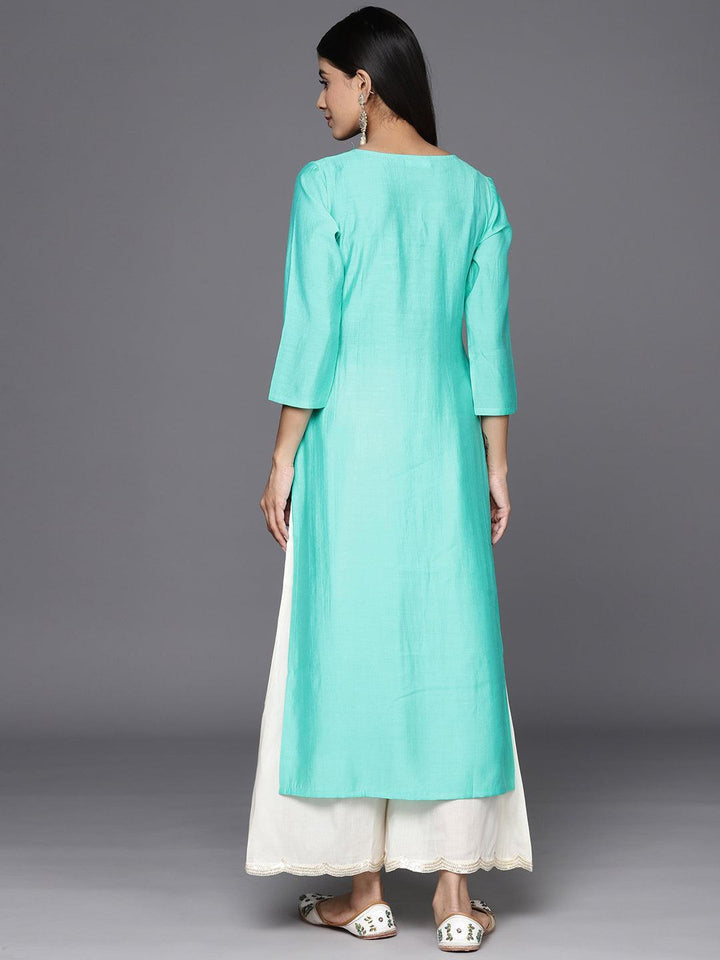 Turquoise Blue Embroidered Silk Straight Kurta