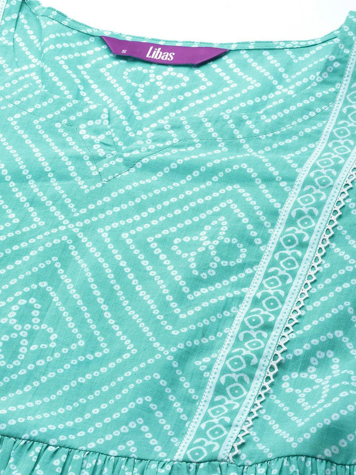 Turquoise Blue Printed Cotton A-Line Kurti