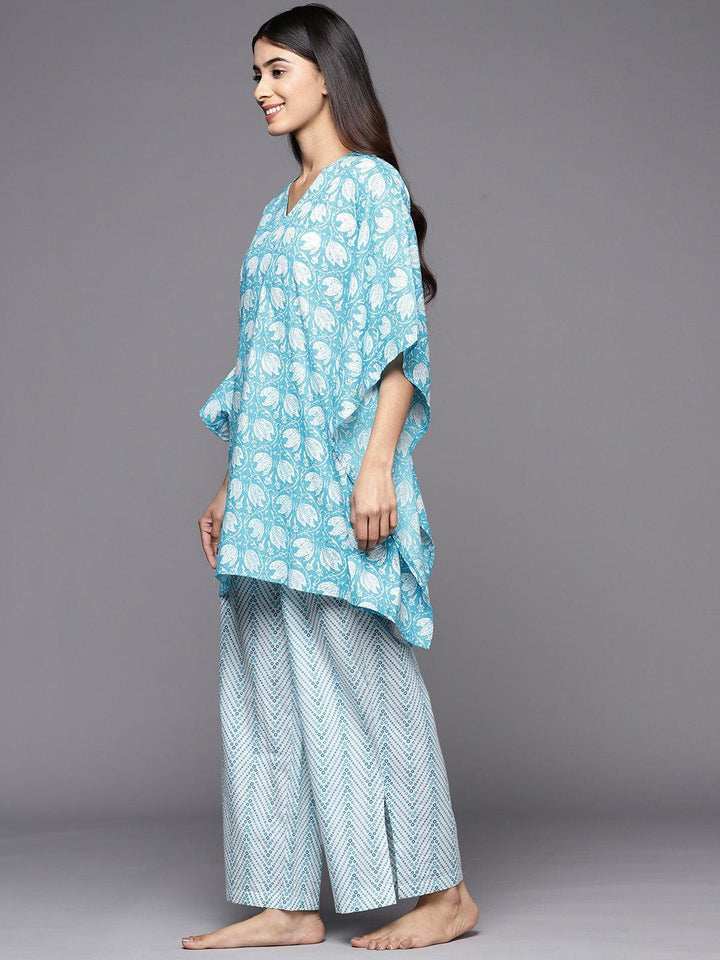 Turquoise Blue Printed Cotton Night Suit