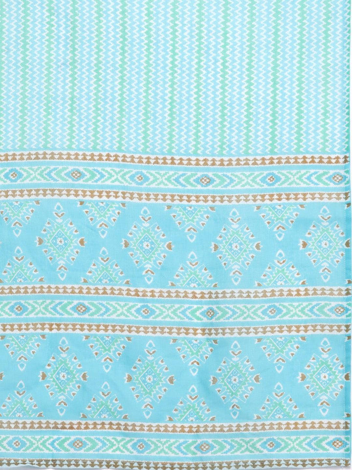 Turquoise Blue Printed Cotton Straight Kurta With Trousers & Dupatta