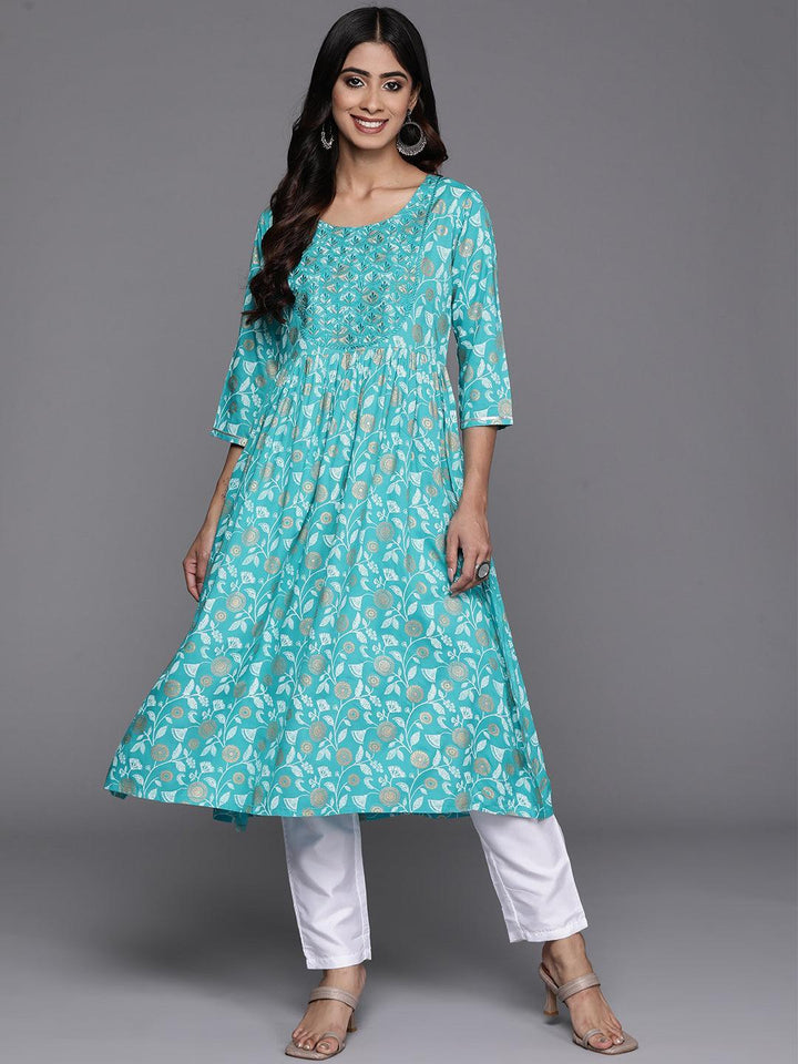 Turquoise Blue Printed Rayon A-Line Kurta