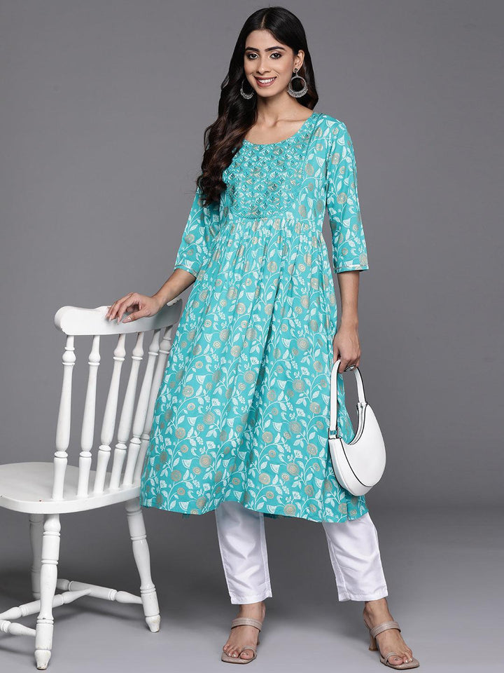 Turquoise Blue Printed Rayon A-Line Kurta
