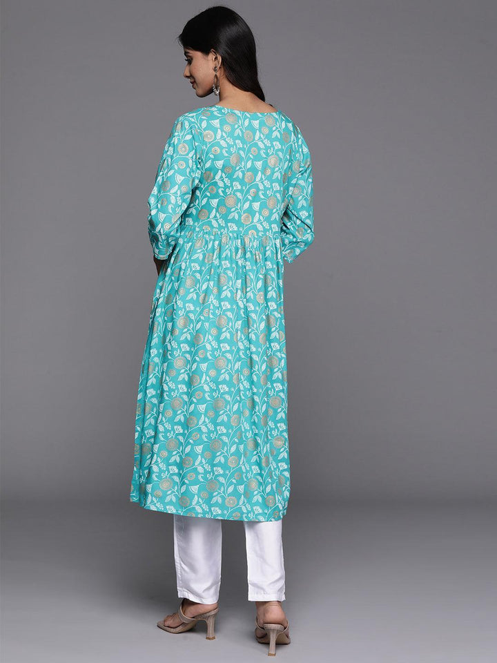 Turquoise Blue Printed Rayon A-Line Kurta