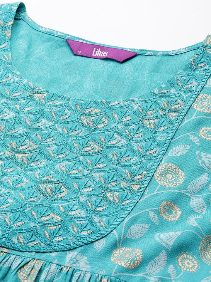 Turquoise Blue Printed Rayon A-Line Kurta