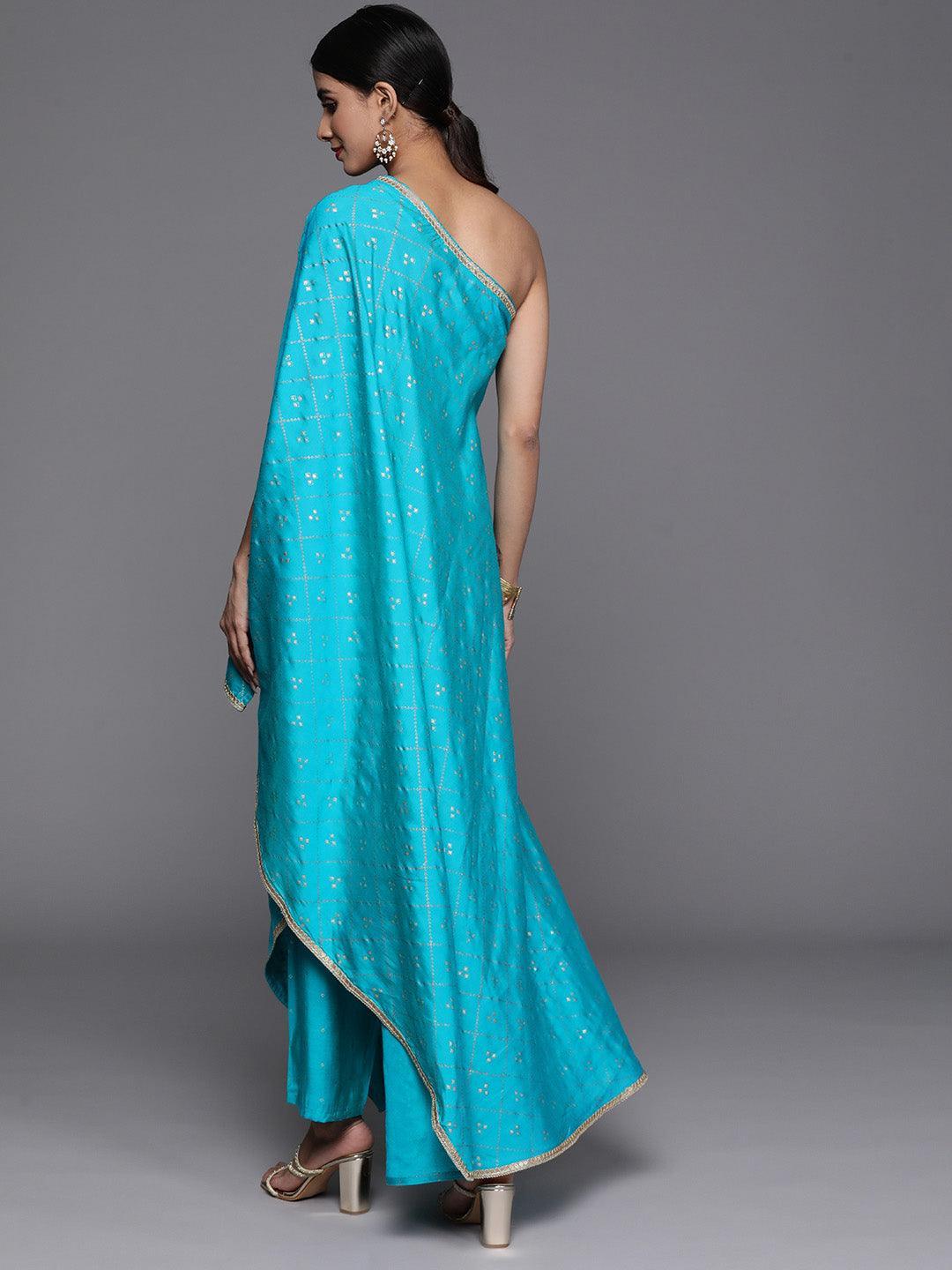 Turquoise Blue Printed Silk Blend Kaftan Kurta With Trousers - Libas