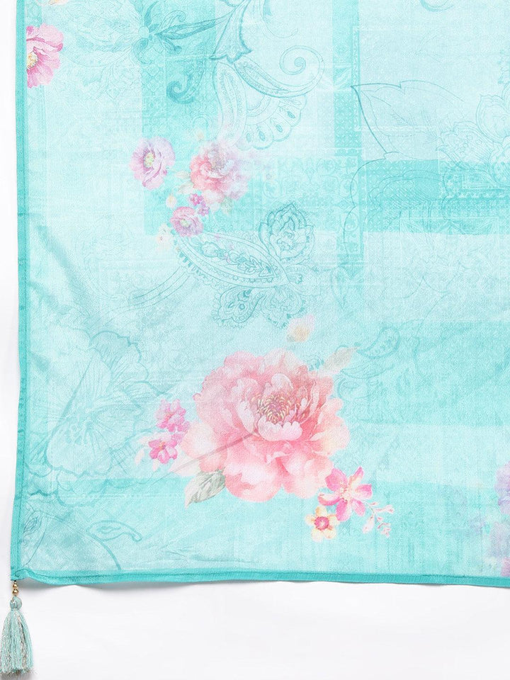 Turquoise Blue Self Design Rayon Straight Kurta With Trousers & Dupatta