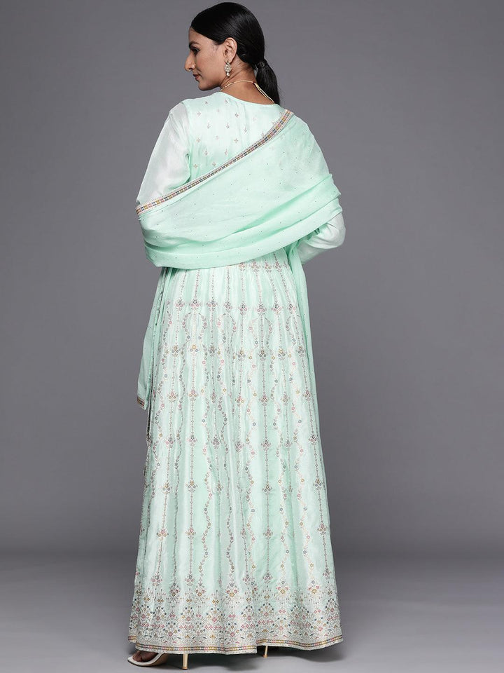 Turquoise Blue Self Design Silk Anarkali Suit Set