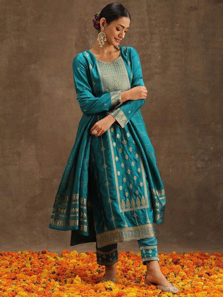 Turquoise Blue Woven Design Silk Blend Straight Suit Set With Trousers