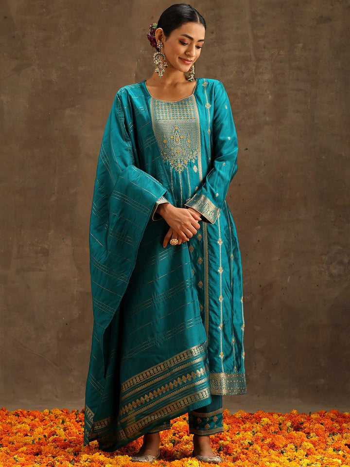 Turquoise Blue Woven Design Silk Blend Straight Suit Set With Trousers