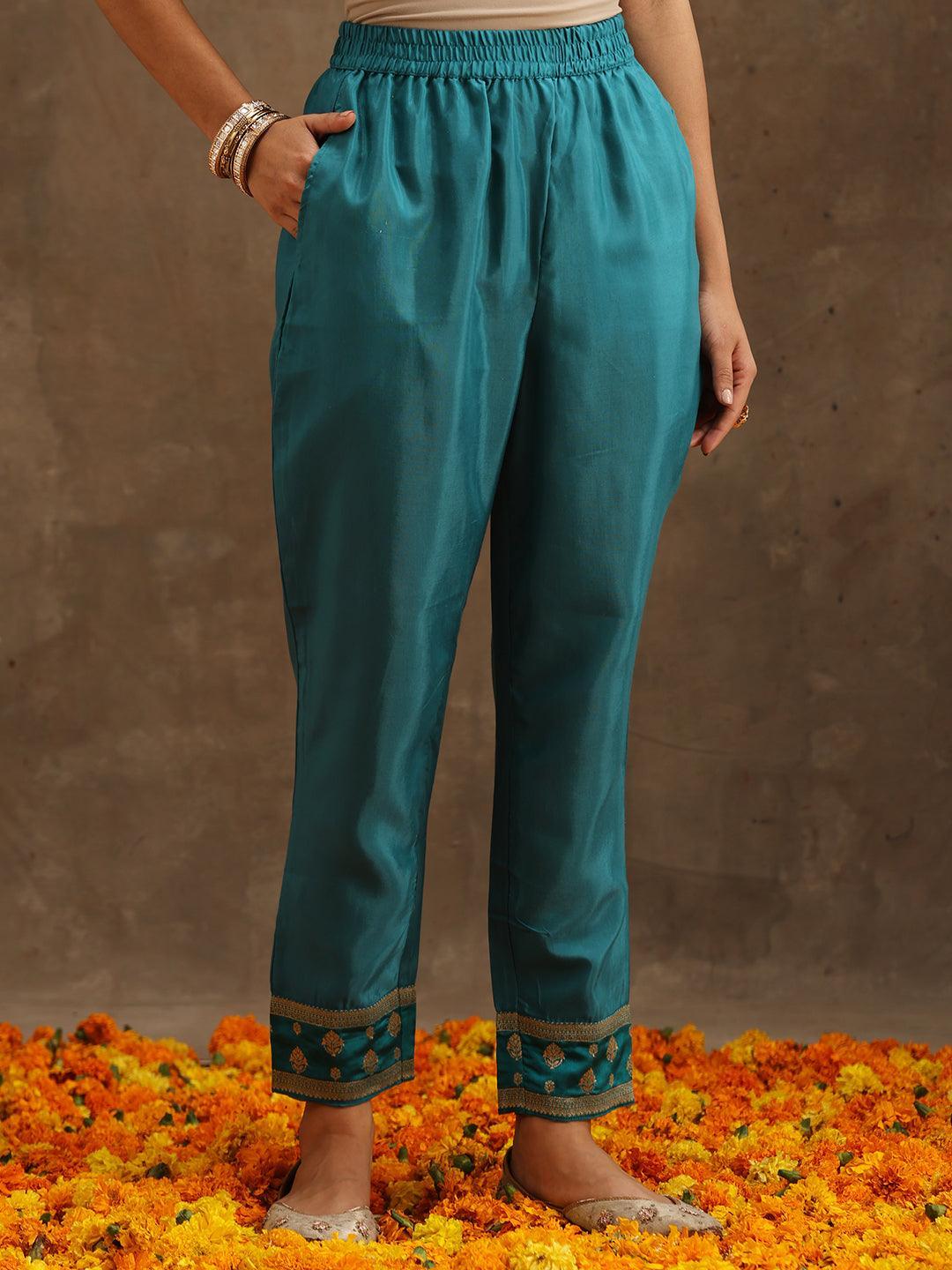 Turquoise Blue Woven Design Silk Blend Straight Suit Set With Trousers - ShopLibas