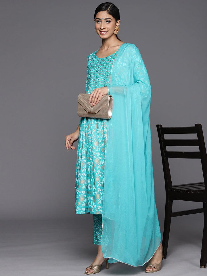 Turquoise Blue Yoke Design Rayon A-Line Suit Set With Trousers