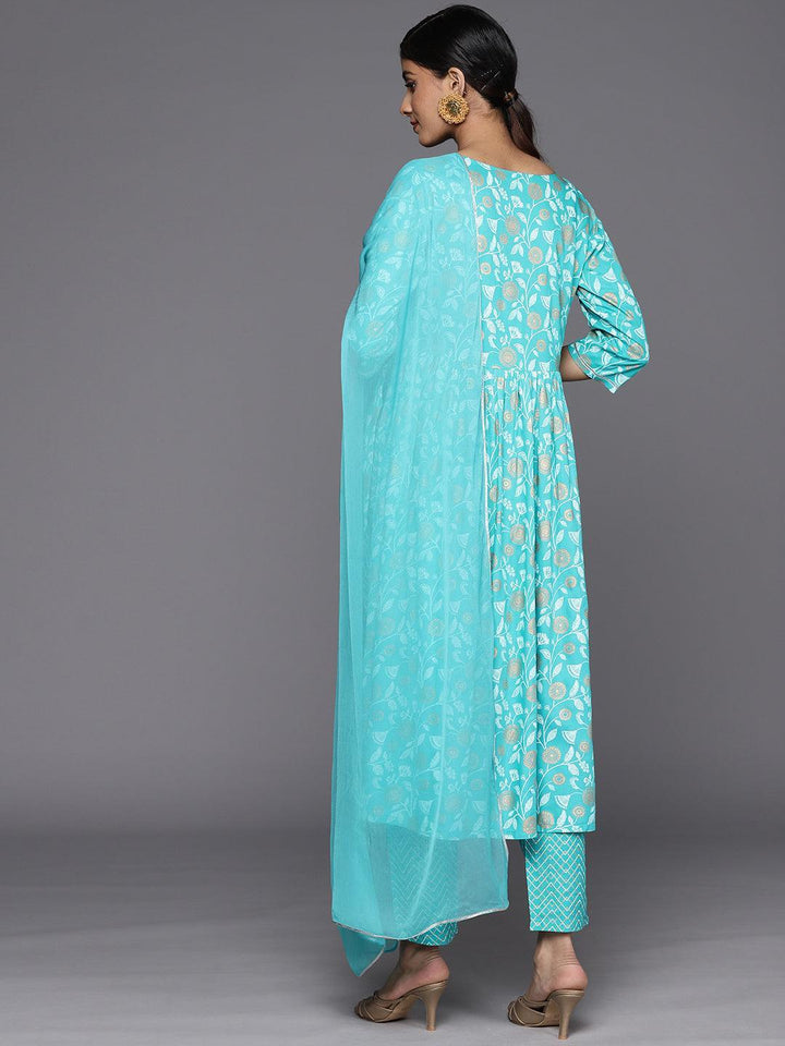 Turquoise Blue Yoke Design Rayon A-Line Suit Set With Trousers