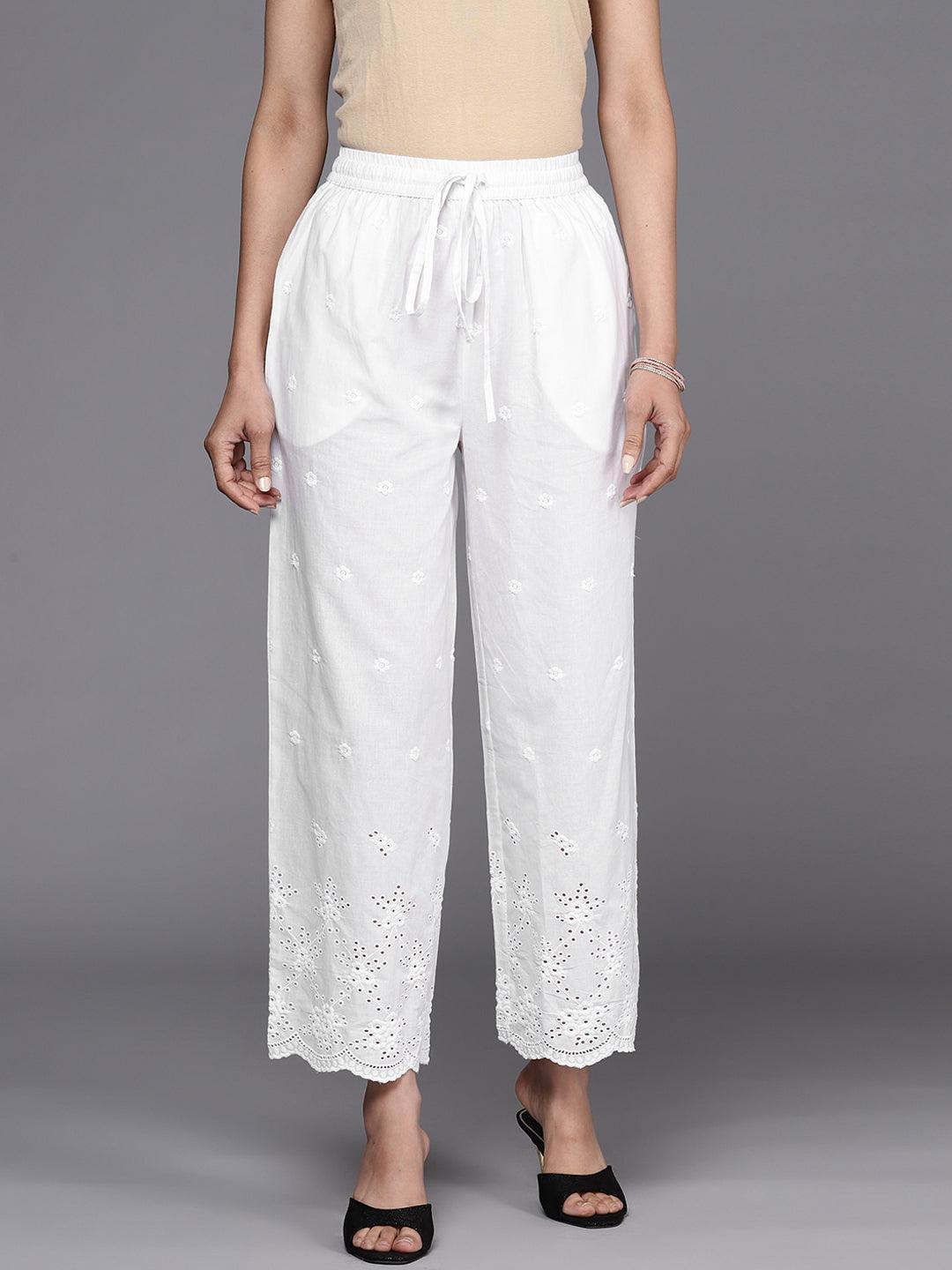 White Embroidered Cotton Palazzos - ShopLibas