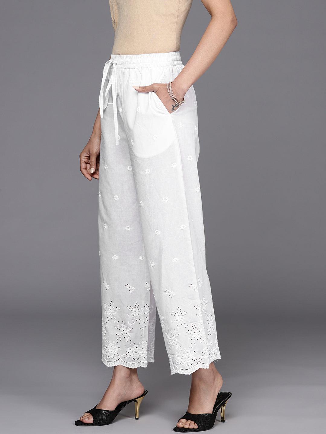 White Embroidered Cotton Palazzos - ShopLibas