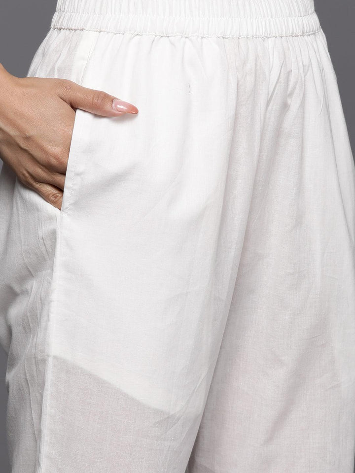 White Printed Cotton A-Line Suit Set With Trousers