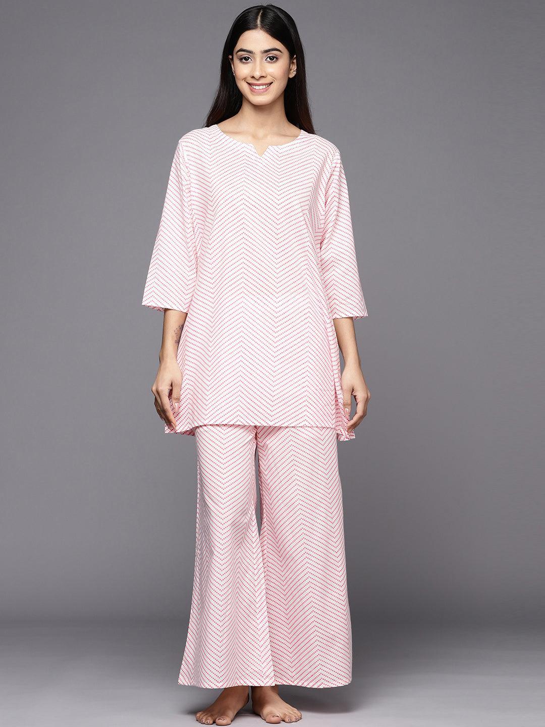 White Printed Cotton Night Suit - ShopLibas