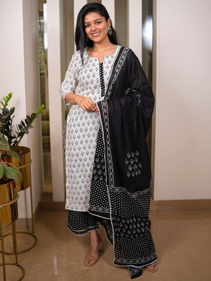 White Printed Cotton Straight Kurta With Palazzos & Dupatta