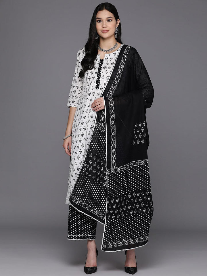 White Printed Cotton Straight Kurta With Palazzos & Dupatta