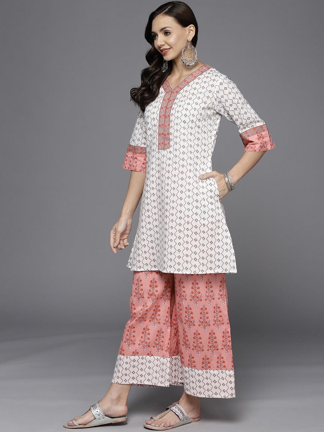 White Printed Cotton Straight Suit Set - ShopLibas