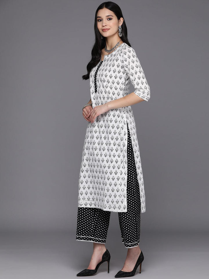 White Printed Cotton Straight Kurta With Palazzos & Dupatta