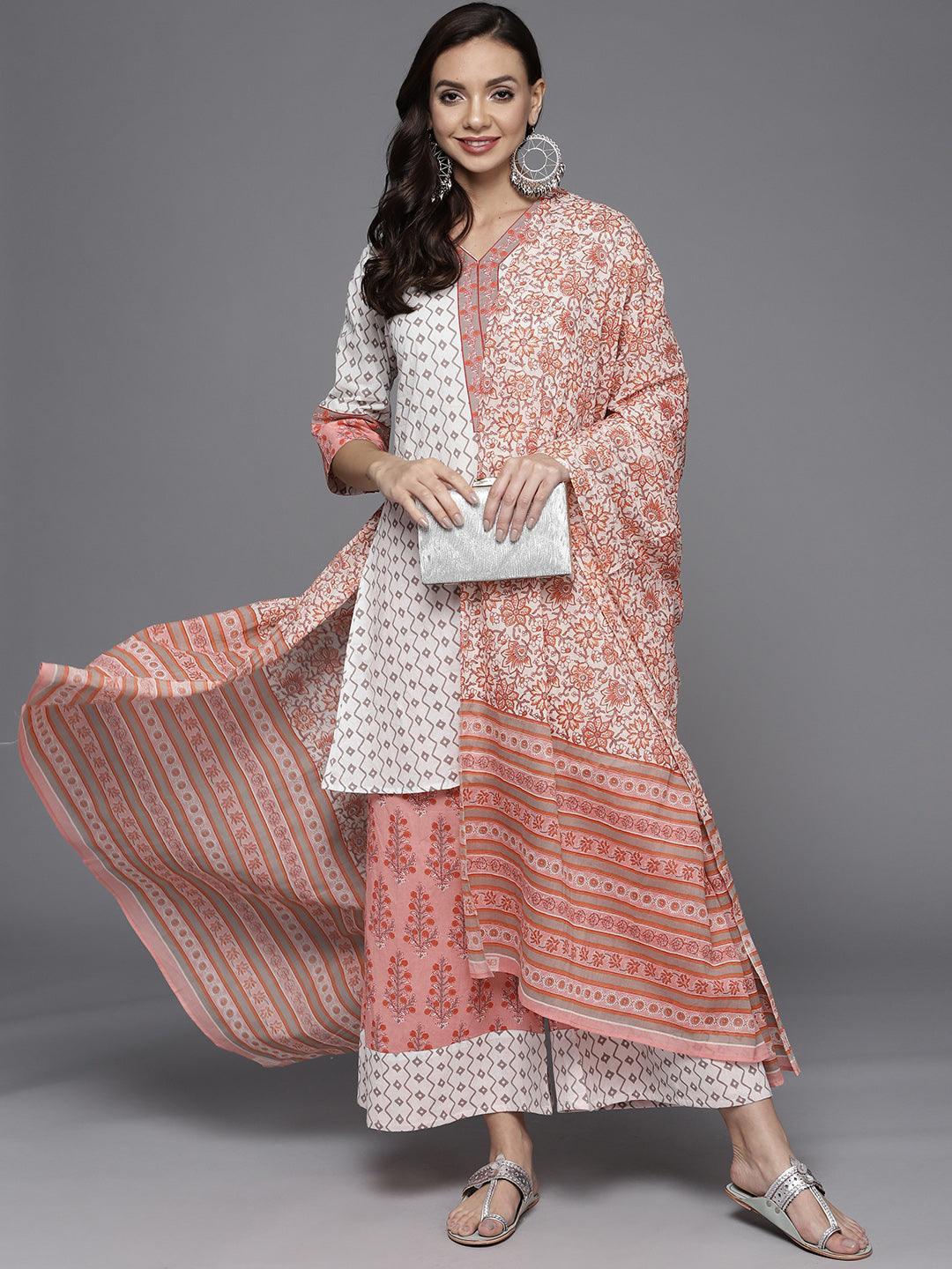 White Printed Cotton Straight Suit Set - ShopLibas