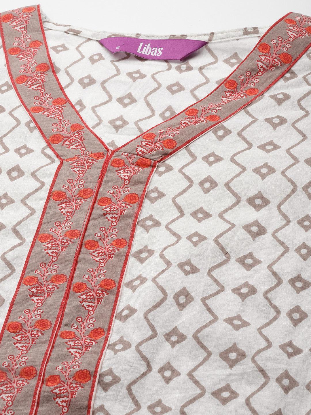 White Printed Cotton Straight Suit Set - ShopLibas