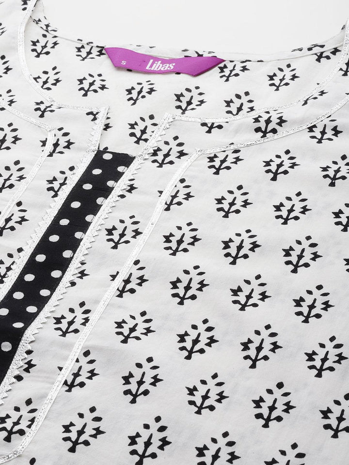 White Printed Cotton Straight Kurta With Palazzos & Dupatta