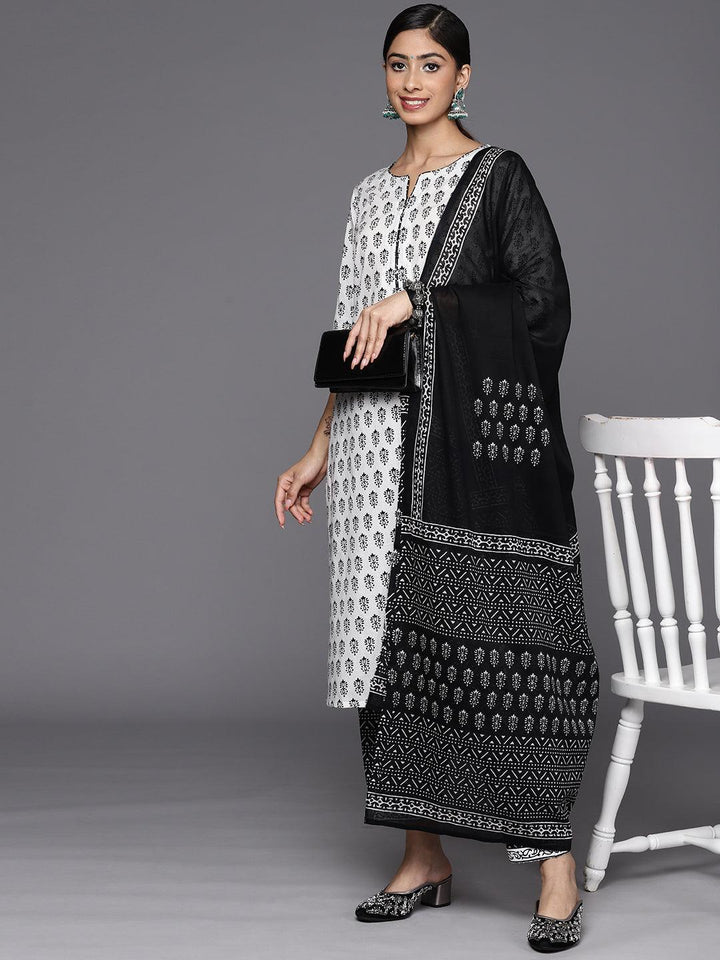 White Printed Cotton Straight Suit Set With Salwar