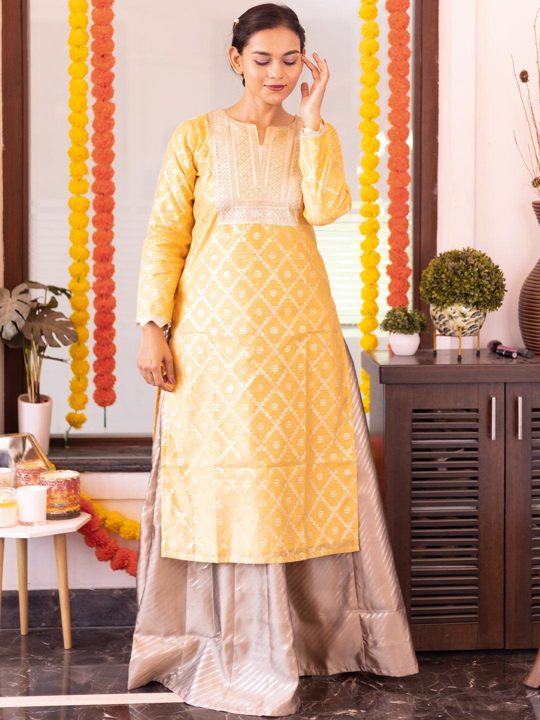 Yellow Chanderi Woven Design Straight Kurta - ShopLibas