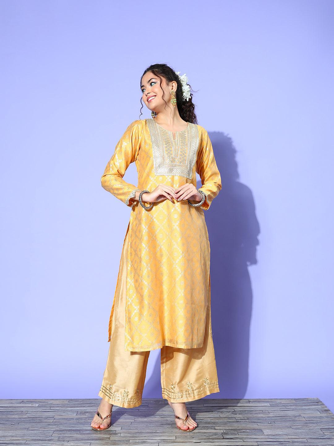 Yellow Chanderi Woven Design Straight Kurta - ShopLibas