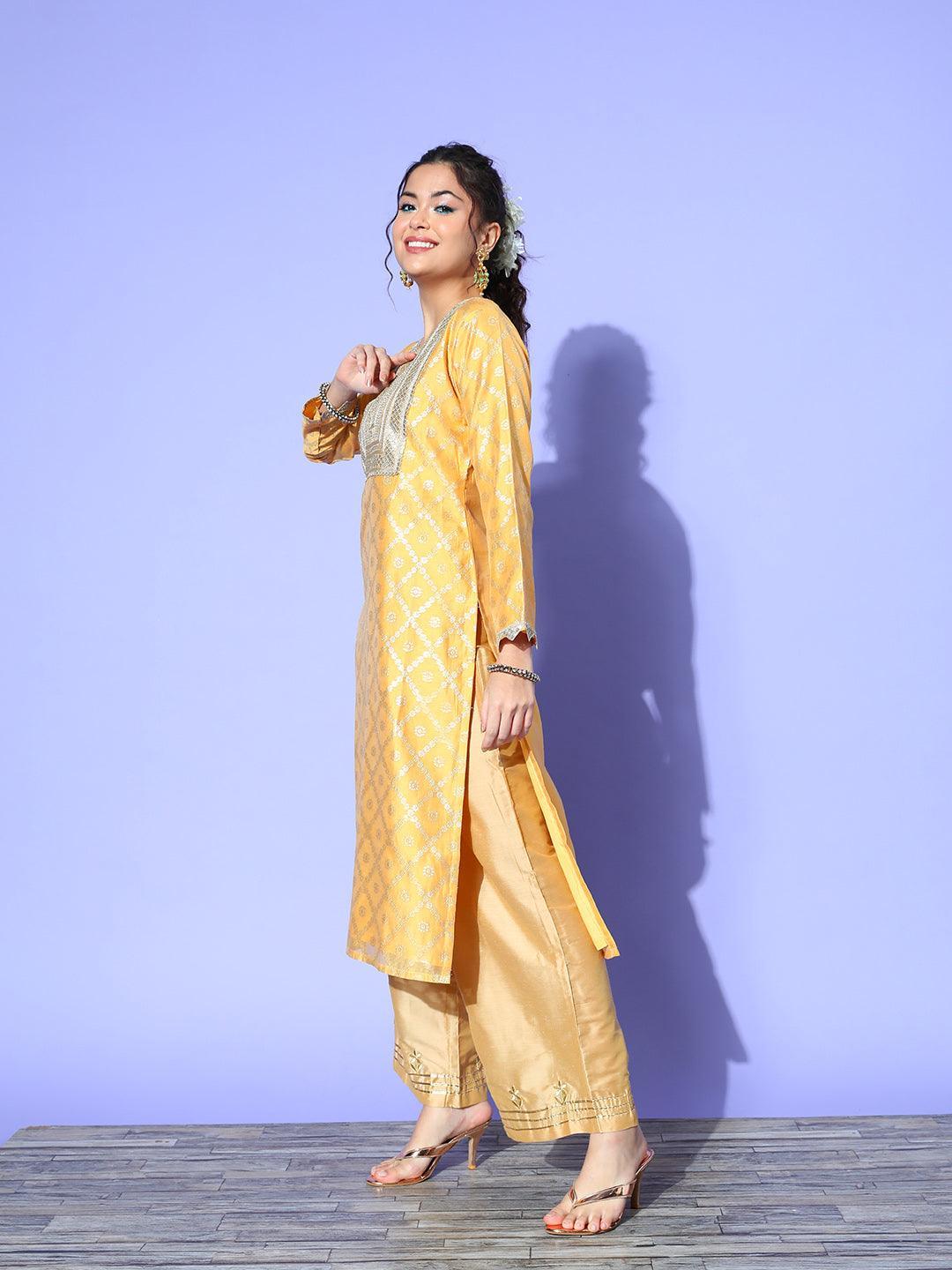 Yellow Chanderi Woven Design Straight Kurta - ShopLibas