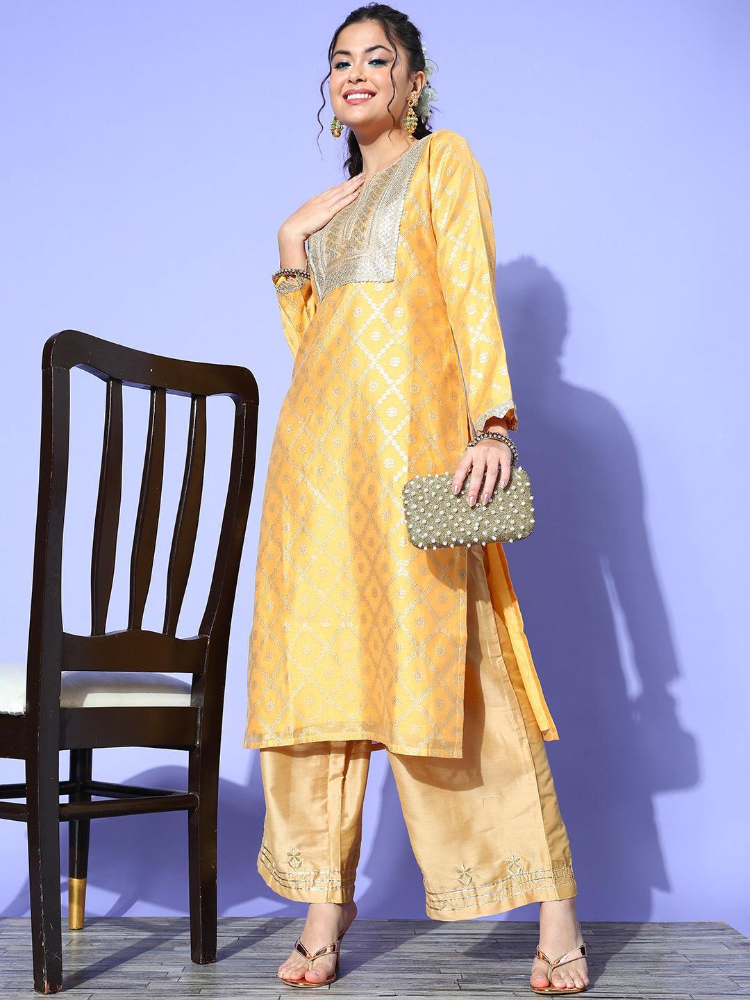 Yellow Chanderi Woven Design Straight Kurta - ShopLibas