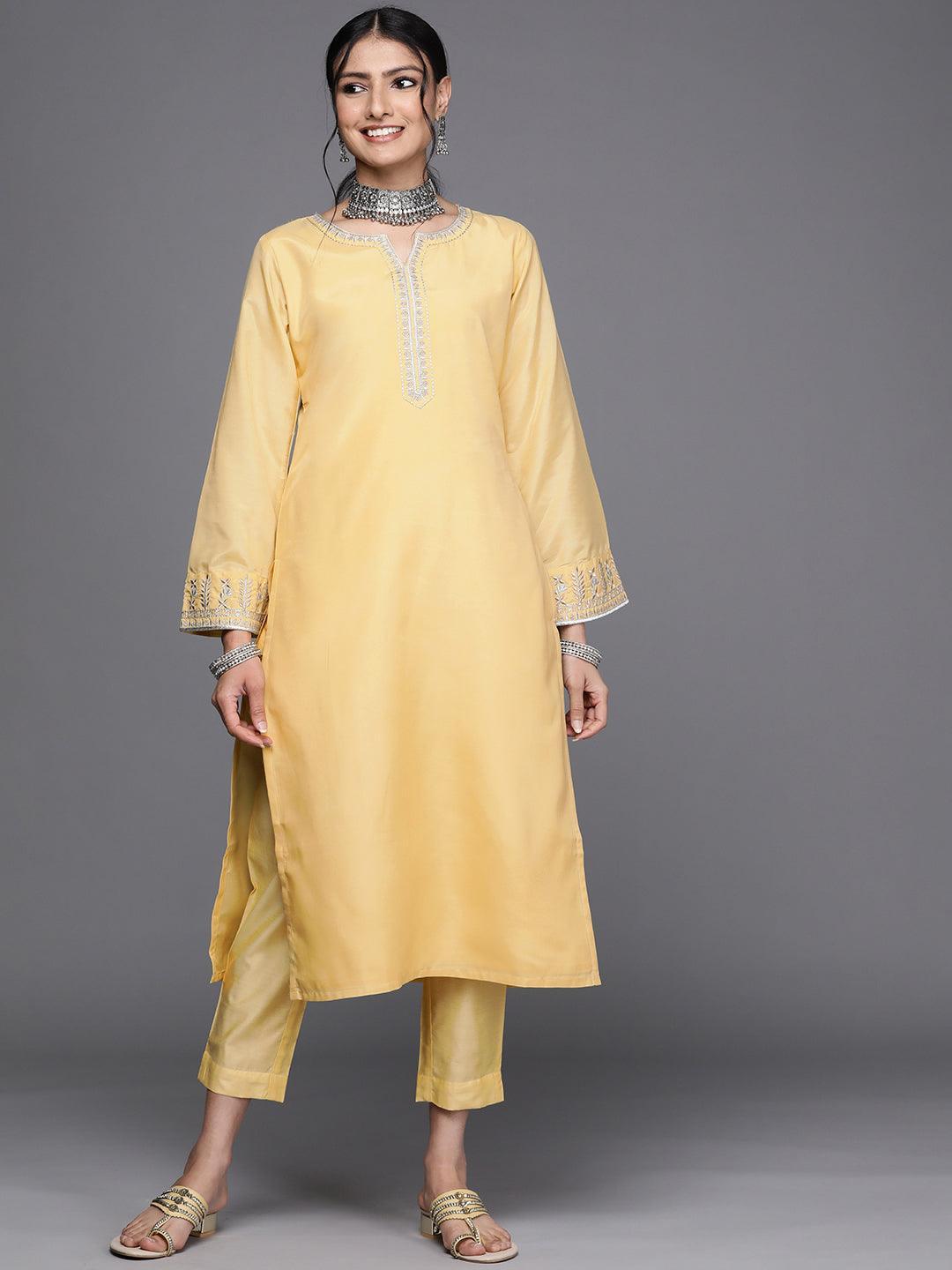 Yellow Embroidered Chanderi Silk Kurta - ShopLibas