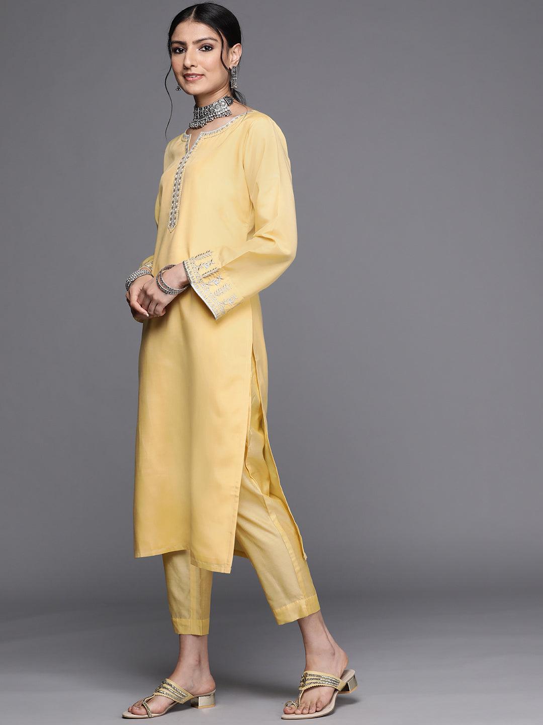 Yellow Embroidered Chanderi Silk Kurta - ShopLibas