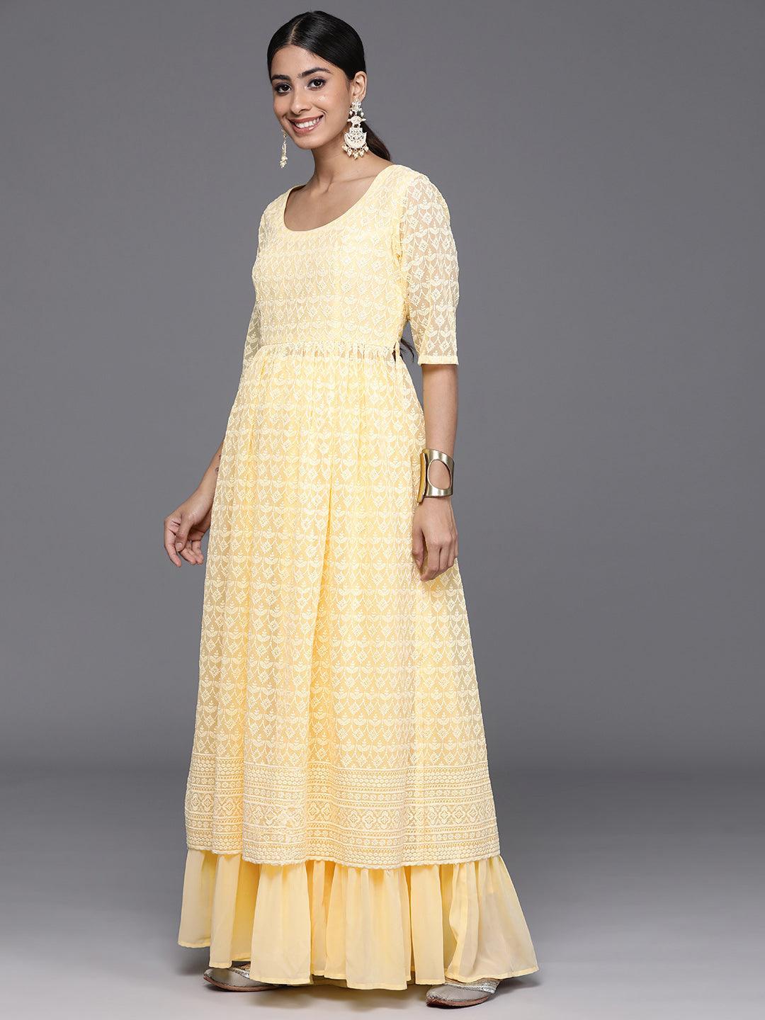 Yellow Embroidered Georgette A-Line Kurta With Palazzos & Dupatta - Libas