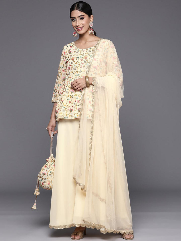 Yellow Embroidered Georgette A-Line Suit Set With Palazzos