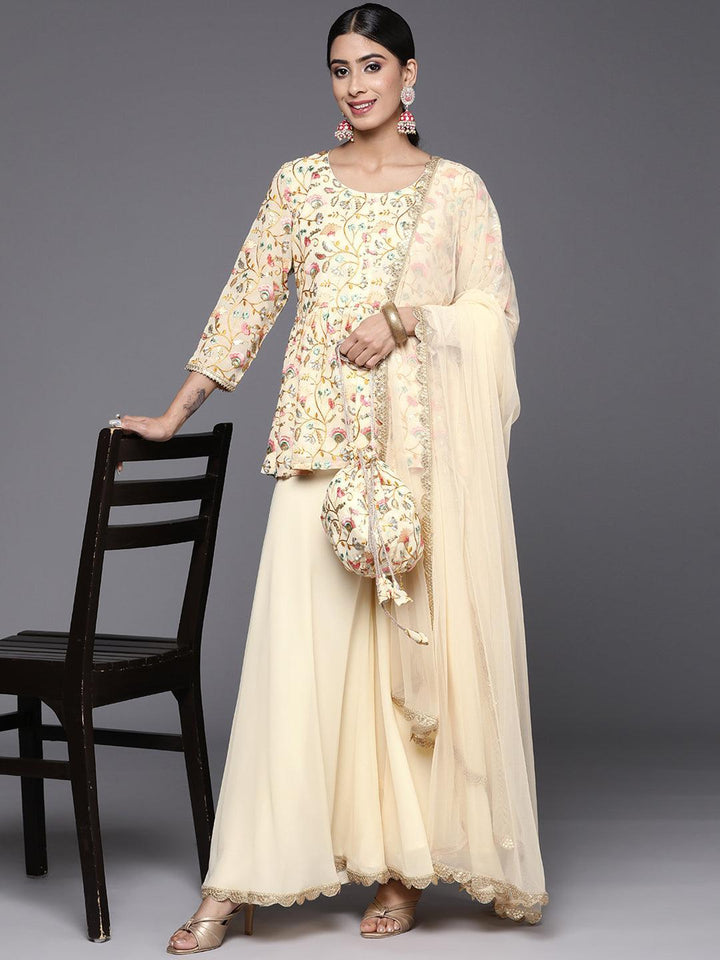 Yellow Embroidered Georgette A-Line Suit Set With Palazzos