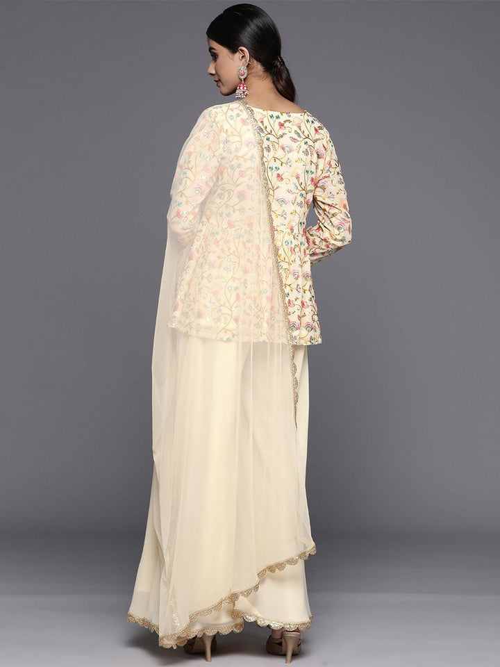 Yellow Embroidered Georgette A-Line Suit Set With Palazzos