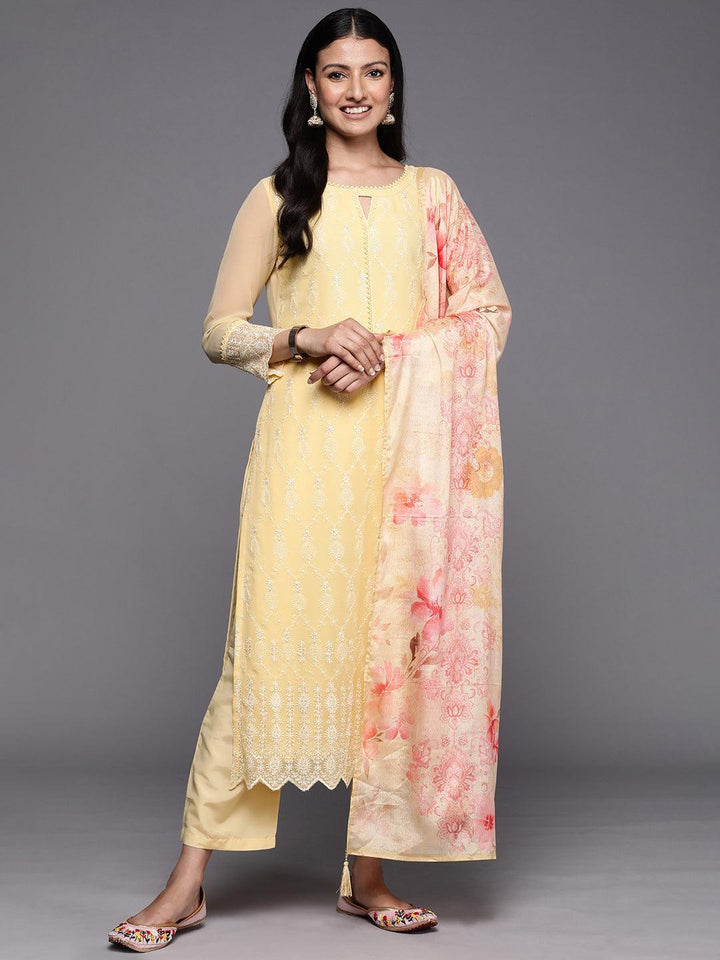 Yellow Embroidered Georgette Straight Suit Set With Trousers