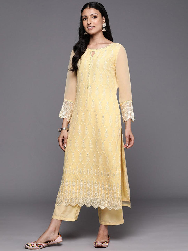 Yellow Embroidered Georgette Straight Suit Set With Trousers