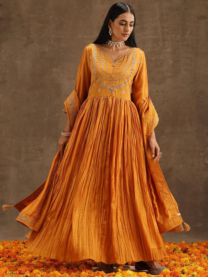 Yellow Embroidered Silk Blend Anarkali Suit Set With Trousers