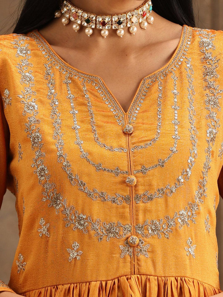Yellow Embroidered Silk Blend Anarkali Suit Set With Trousers