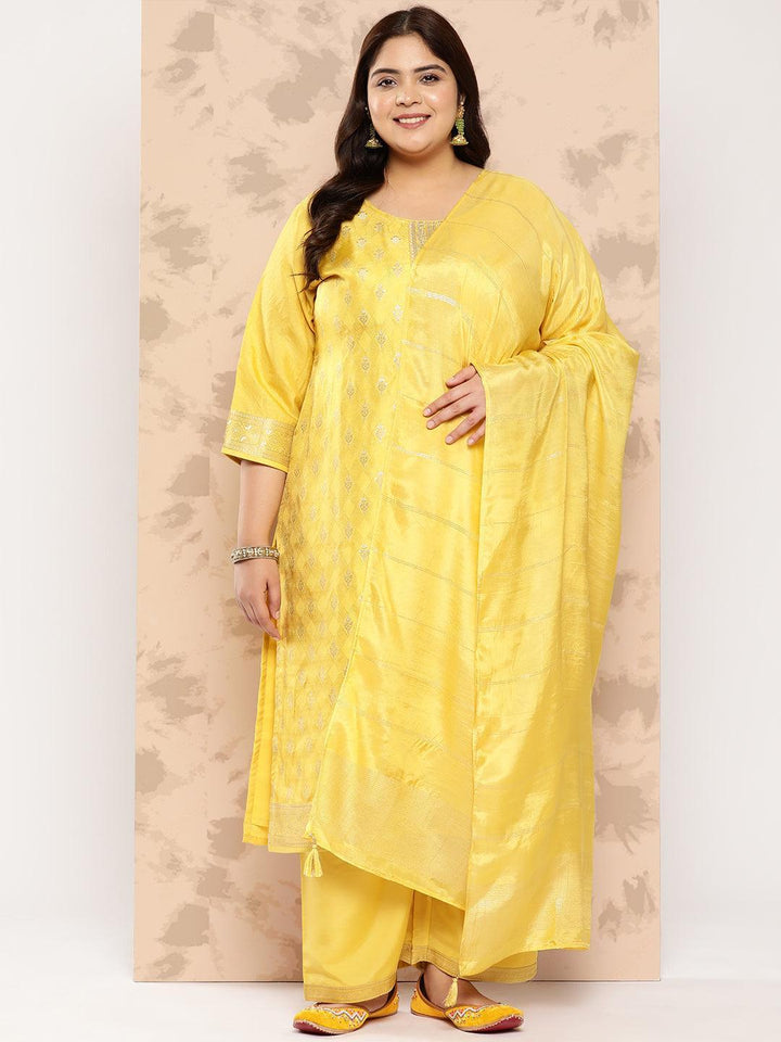 Yellow Embroidered Silk Blend Straight Kurta With Trousers and Dupatta