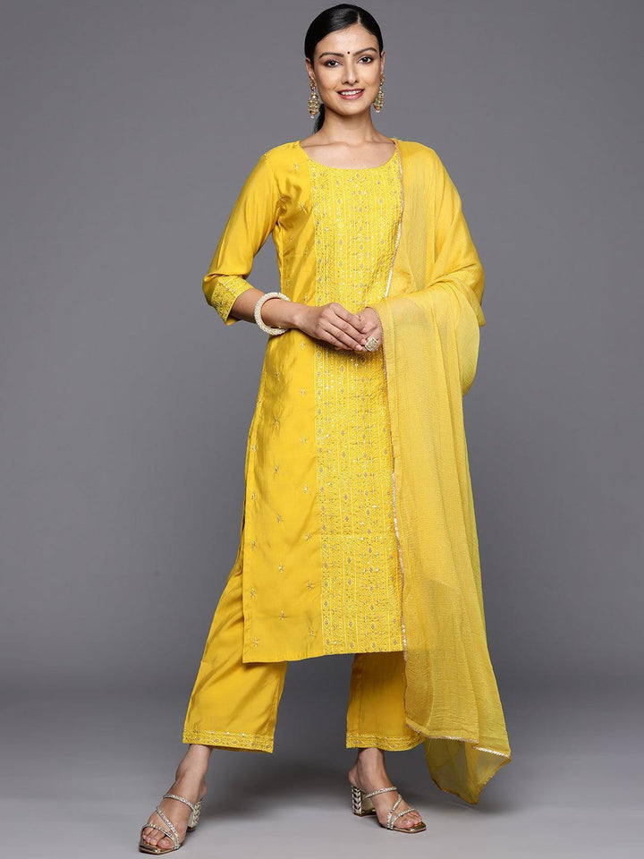 Yellow Embroidered Silk Blend Straight Kurta With Trousers & Dupatta