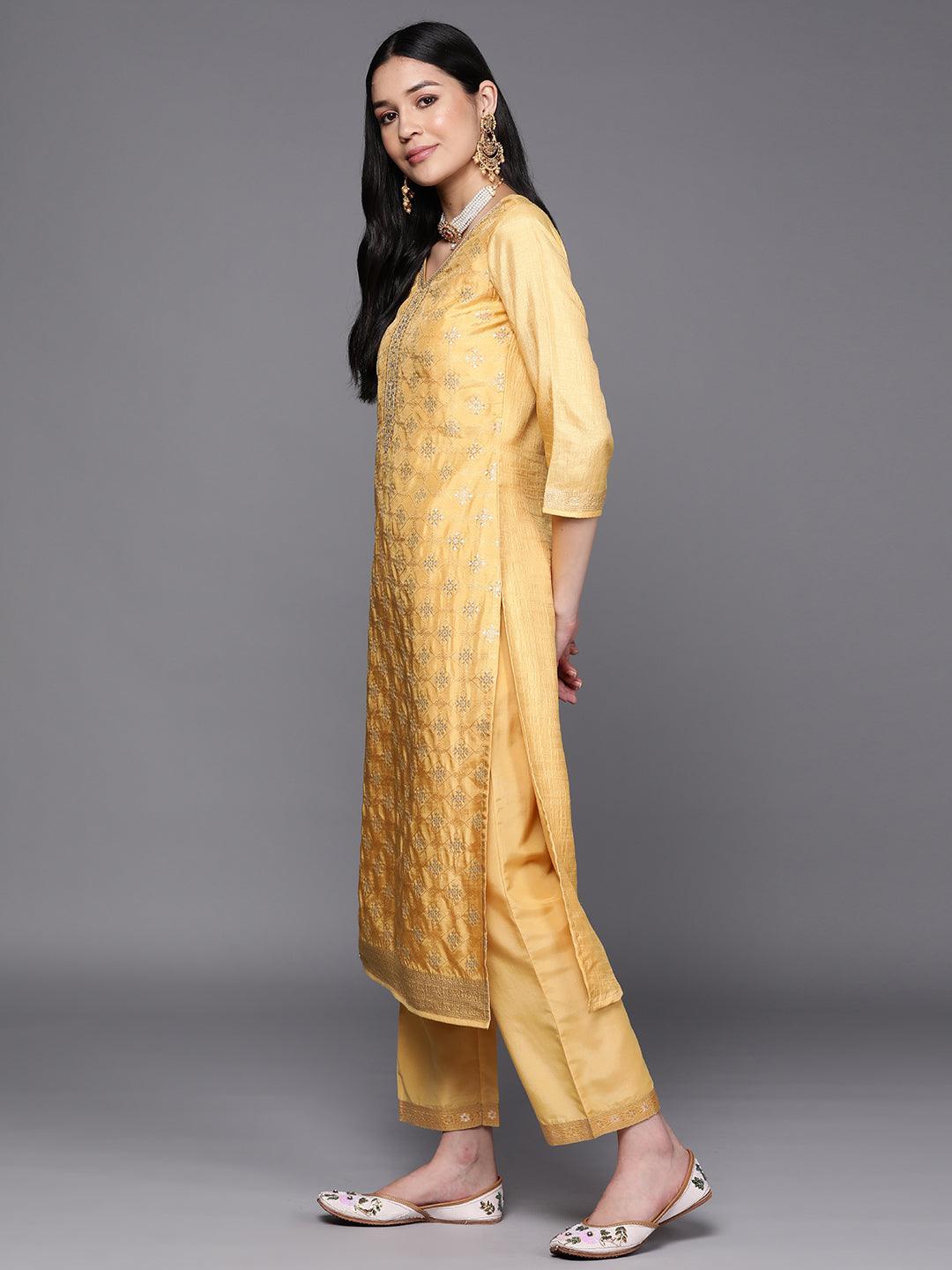 Yellow Embroidered Silk Blend Suit Set With Trousers - ShopLibas