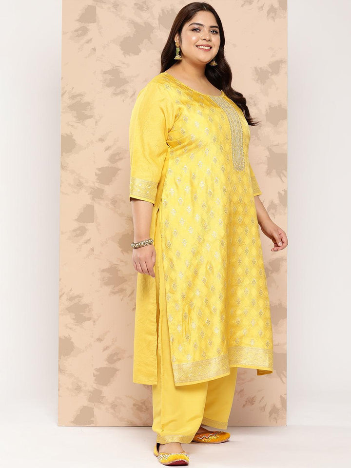 Yellow Embroidered Silk Blend Straight Kurta With Trousers and Dupatta