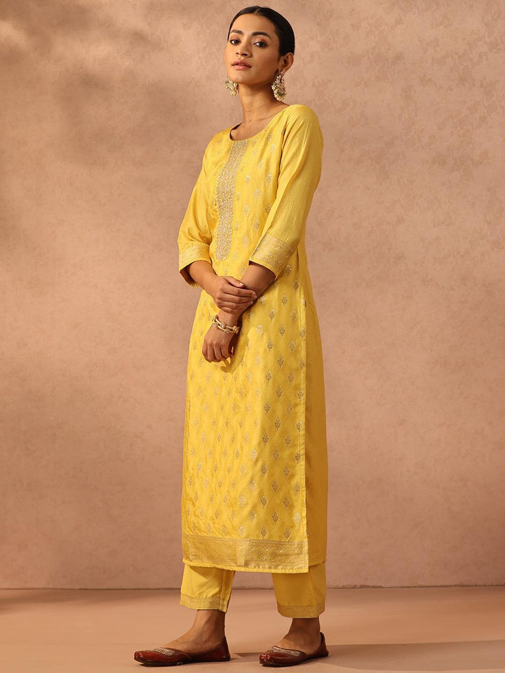 Yellow Embroidered Silk Blend Suit Set With Trousers