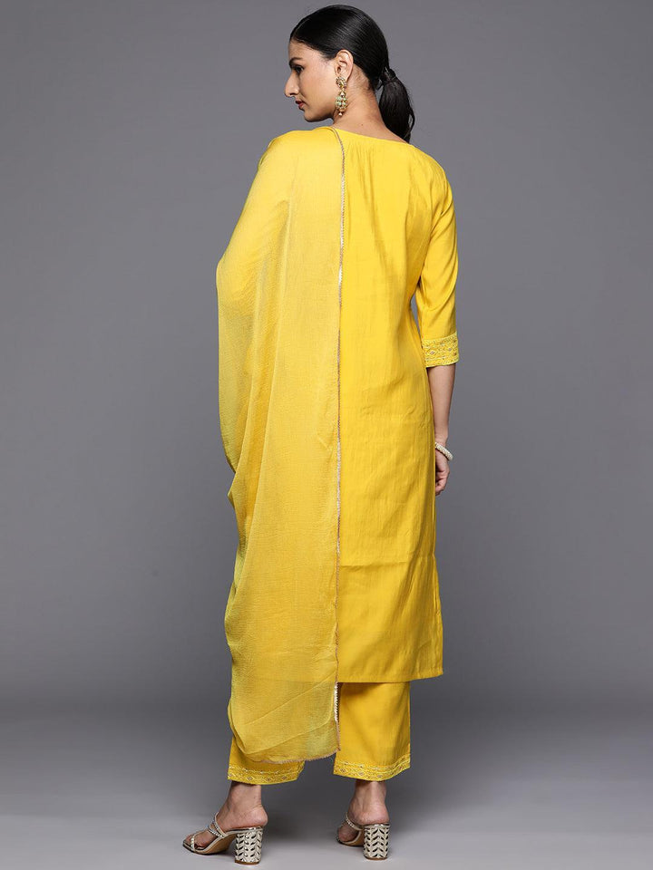 Yellow Embroidered Silk Blend Straight Kurta With Trousers & Dupatta