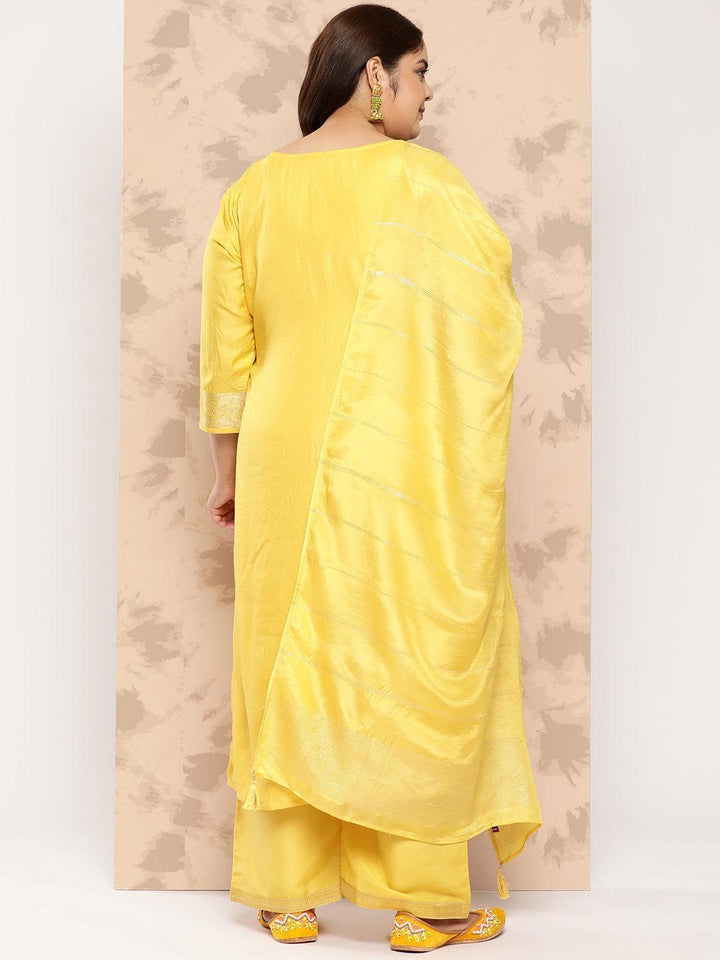 Yellow Embroidered Silk Blend Straight Kurta With Trousers and Dupatta